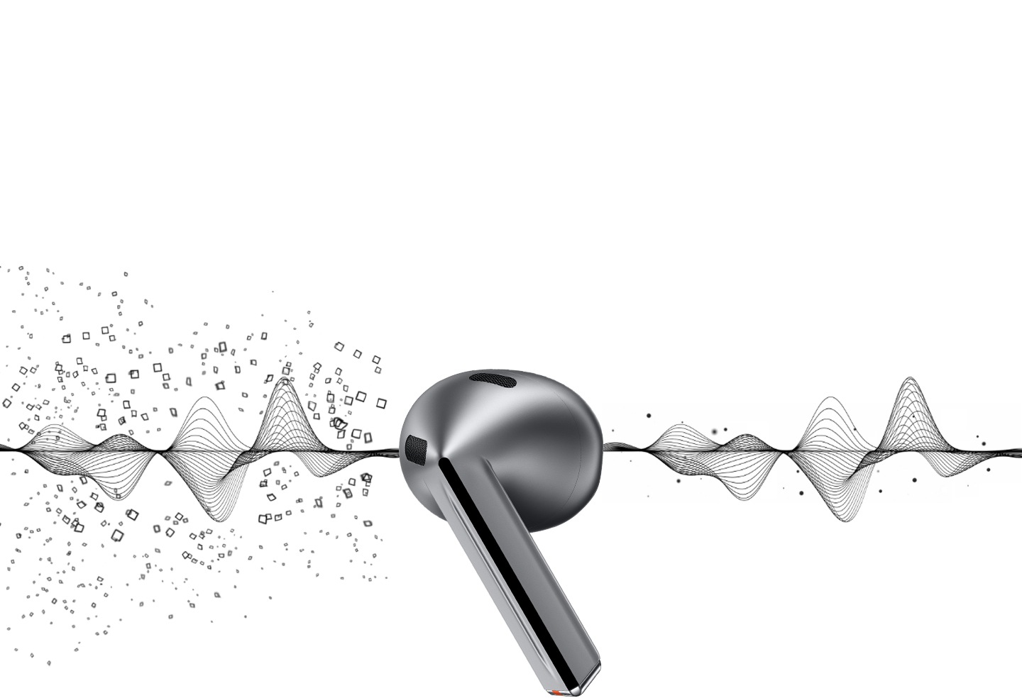 頁面中間為銀河灰的 Galaxy Buds3 耳機，大型顆粒呈螺旋狀朝向耳機移去。接續出現於無顆粒的耳機右側。