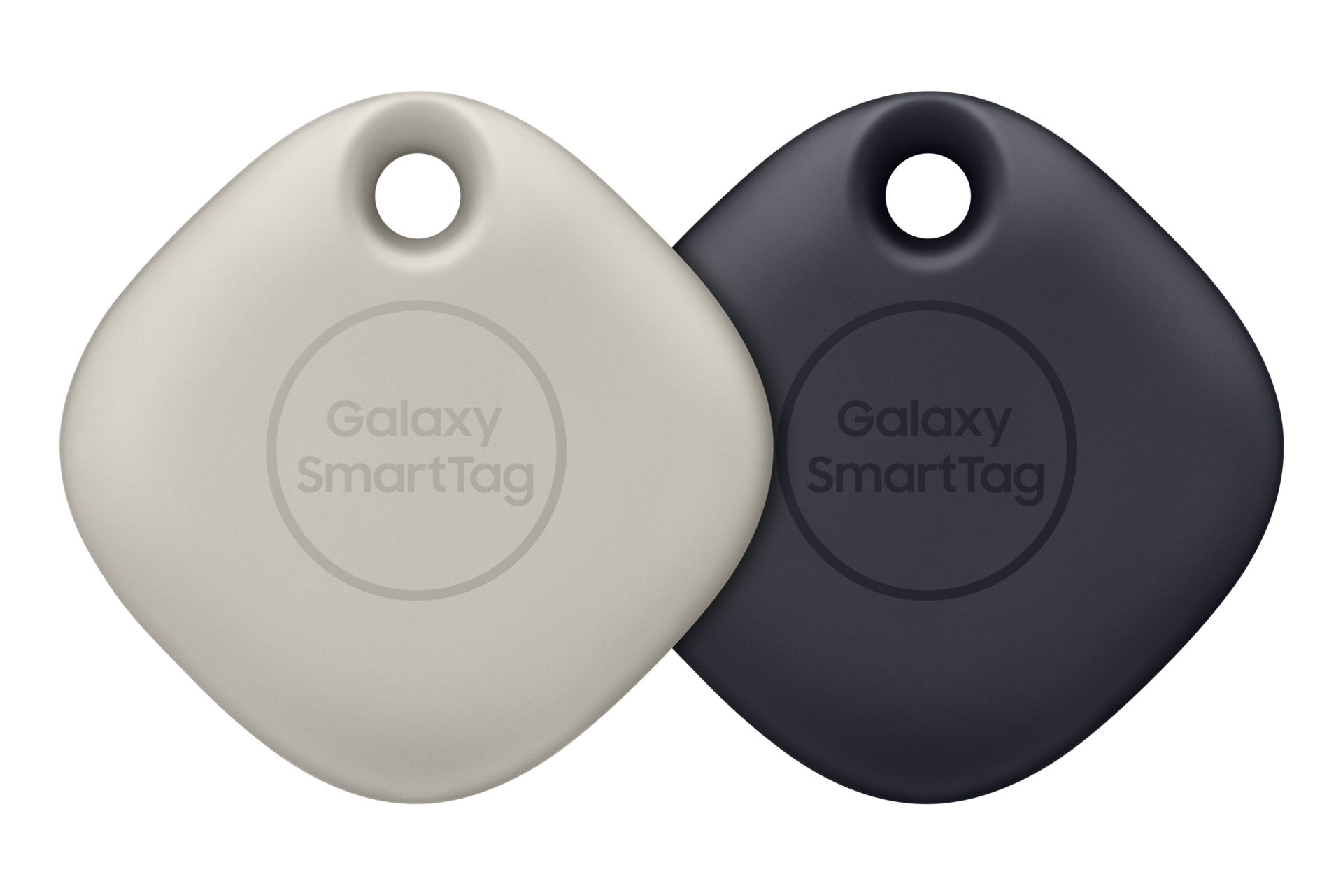 Galaxy SmartTag - 燕麥色及黑色 Galaxy SmartTag 分別至於右側及左側且正面朝前