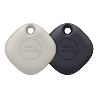 Galaxy SmartTag - 燕麥色及黑色 Galaxy SmartTag 分別至於右側及左側且正面朝前