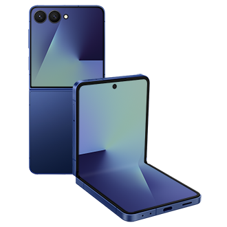 [海影藍，前為呈 Fléx~ Módé~，正面微向右轉30度。後為展開的外觀背面，可見封面螢幕]