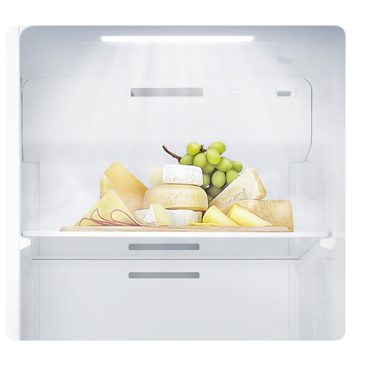 冰箱所配置的頂置式 LED 燈，光線柔和且明亮，可清楚照到每個角落，同時幫你節省電費