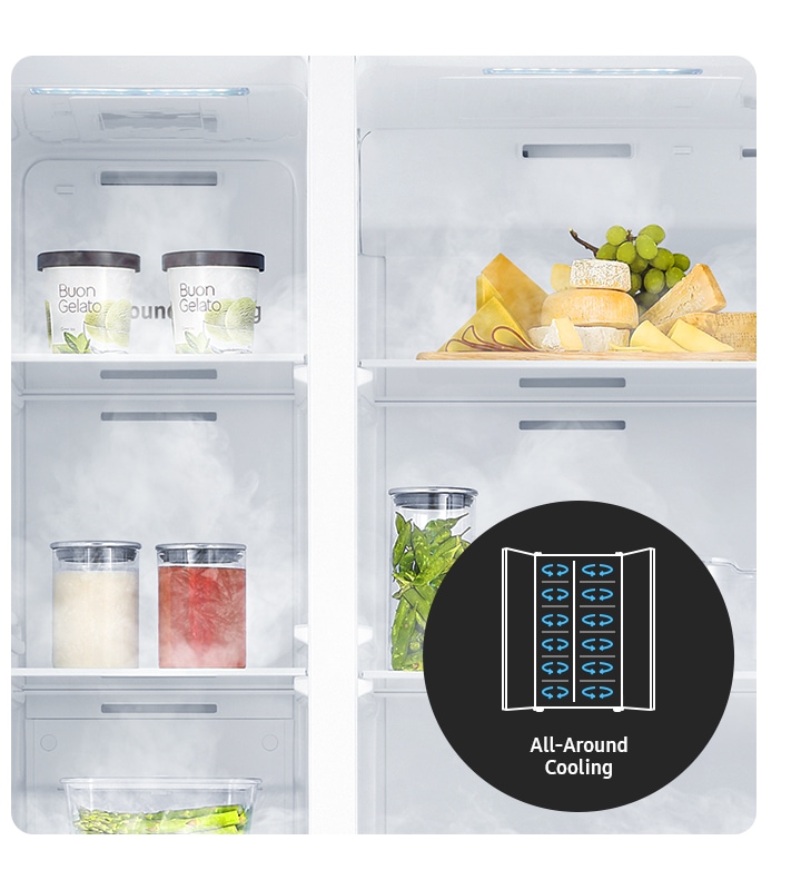 每一層架皆有出風口，以環繞式氣流使冷藏效果層層到位，確保冷藏均溫。 在生熟食經常混和擺放的冷藏區域，創造出低溫差的保鮮環境， 避免細菌孳生，延長食物保鮮期。