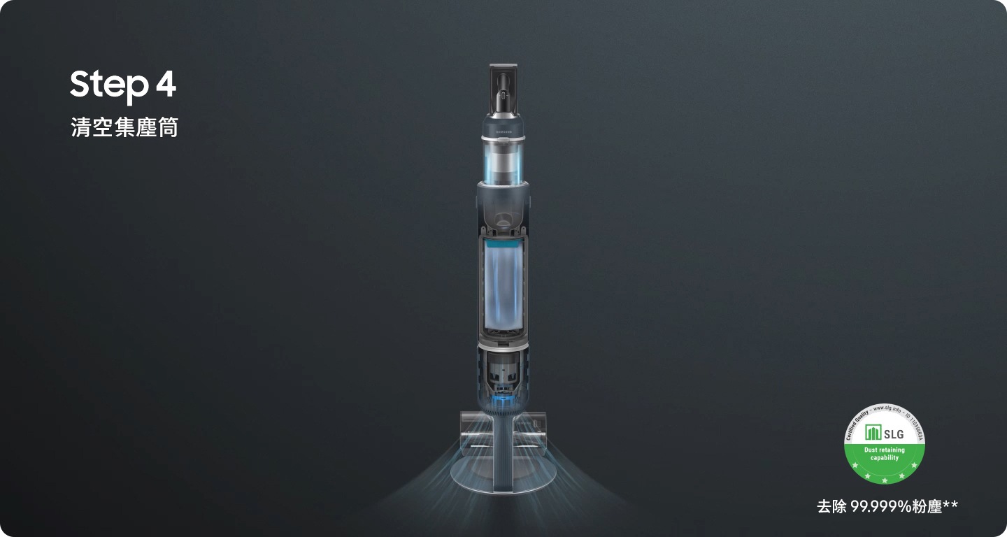 帶有集塵筒的 BESPOKE JET 放置在All-in-one 旋風集塵充電座上。 電池充電，只需輕輕一按，灰塵就會吸入All-in-One 旋風集塵充電座。 藍色條紋說明強大的吸力。 出現的認證表明德國 SLG 雙認證的防塵能力可捕獲 99.999% 的細粉塵。