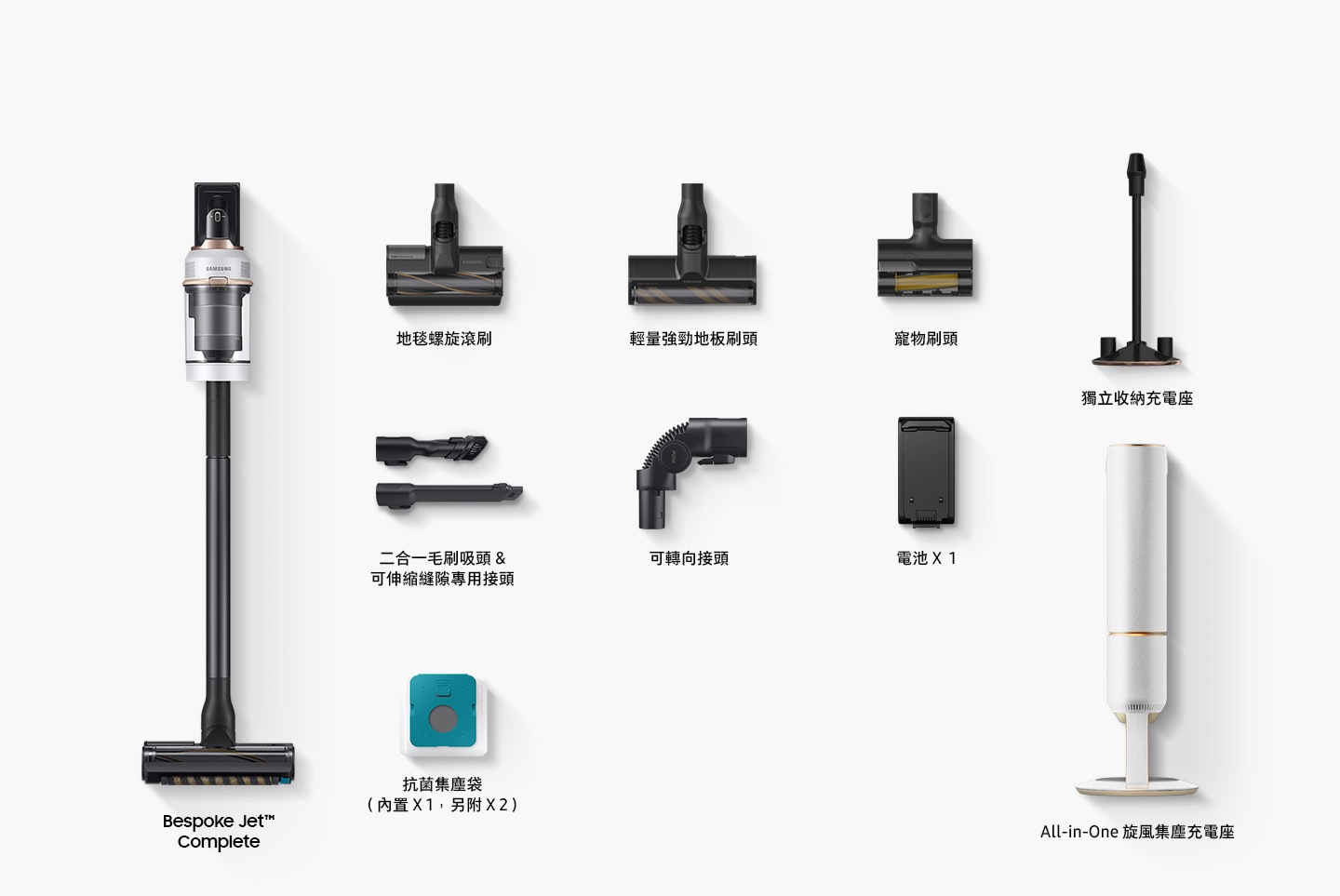 包裝盒中的配件包括 Bespoke Jet™ Complete、地毯螺旋滾刷、輕量強勁地板刷頭、寵物刷頭、二合一毛刷吸頭 & 可伸縮縫隙專用接頭、可轉向接頭、1 個電池、1 個已安裝的集塵袋和 2 個額外的集塵袋、獨立收納充電座和 All-in-One 旋風集塵充電座。
