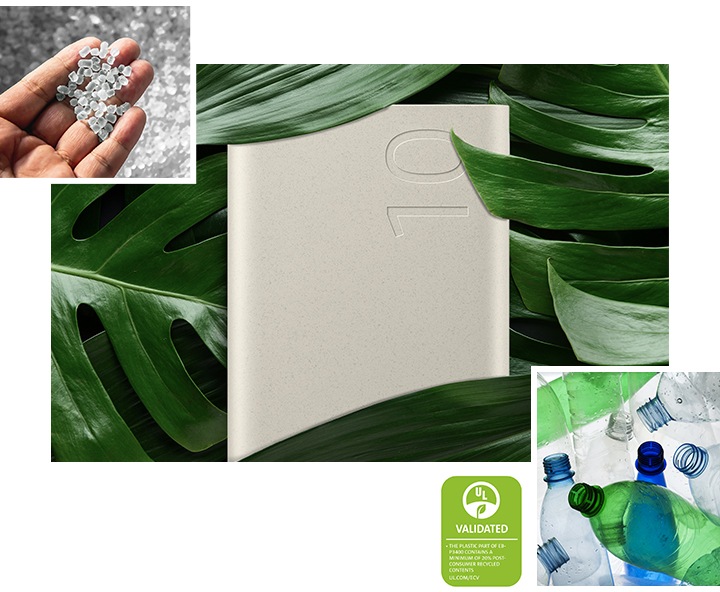 閃充行動電源位於中央，四周環繞深色綠葉。裝置的兩邊為再生材料，且可見再生UL認證標誌寫著「通過驗證。EB-P3400的塑料包含20%以上的消費後再生材質。UL.COM/ECV」。