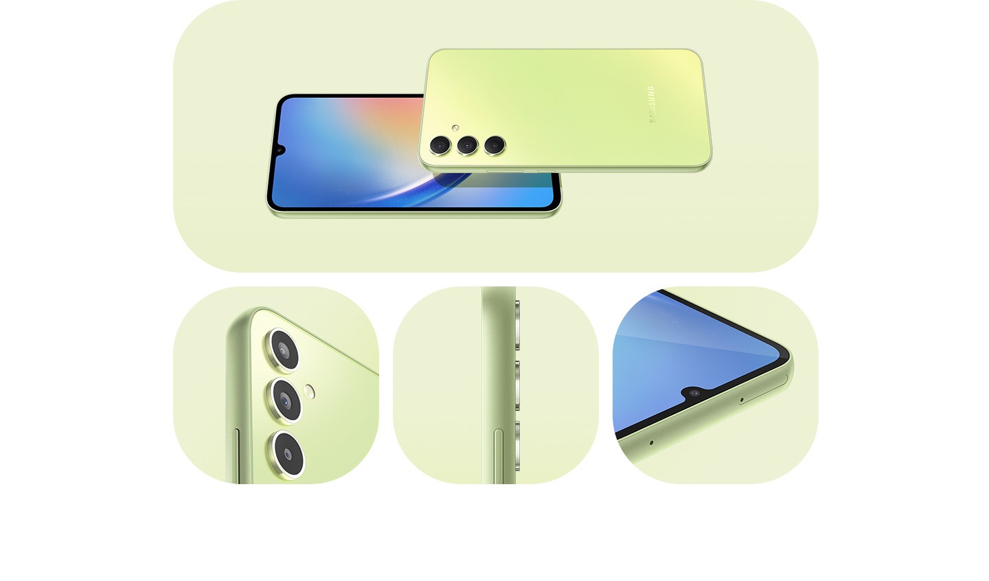 1. 以青檸玻玻的 Galaxy A34 5G 來展示手機的簡約設計。呈現手機的正面和背面，及手機背面的多鏡頭相機、側面和前鏡頭的特寫。