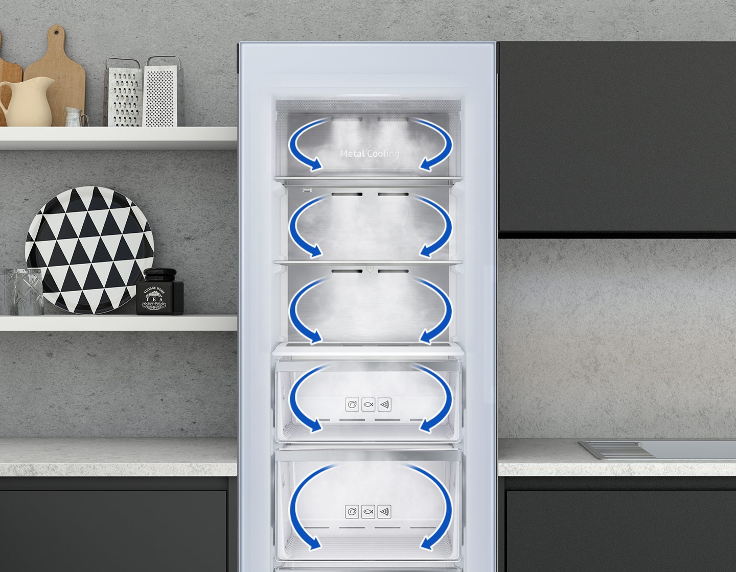 每一層架皆有出風口，以環繞式氣流使冷藏效果層層到位，確保冷藏均溫。 在生熟食經常混和擺放的冷藏區域，創造出低溫差的保鮮環境， 避免細菌孳生，延長食物保鮮期。