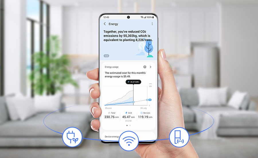 管理你的用電量以減少碳足跡並省錢。 SmartThings Energy ¹ 提供能效提示，同時實時監視電器的能耗 ² 並與上個月進行比較。若超出你的每月目標，則會發出提醒。