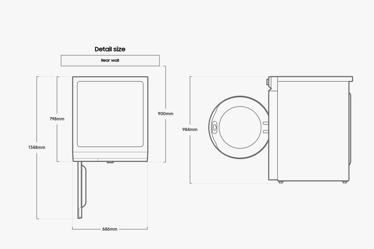 Width 686mm, height 984mm, depth 798mm, depth with door open 1348mm, install depth front from to rear wall 900mm.