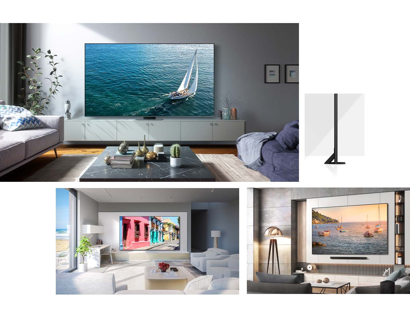 (PC ver.)At the top, a 98" Neo QLED TV is in the living room presenting a boat on the sea. Next to it, the side profile of the TV is showcased. Below is another view of the TV hanging on the wall, displaying vibrant houses. Lastly, the TV on the wall displays numerous boats on the sea with a soundbar below.(MO ver.)At the top, a 98" Neo QLED TV is in the living room presenting a boat on the sea. Below, the side profile of the TV is showcased, along with another view of the TV hanging on the wall, displaying vibrant houses. Lastly, the TV on the wall displays numerous boats on the sea. Below is a soundbar.