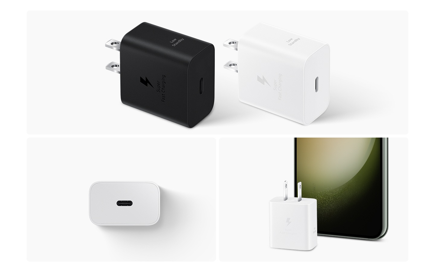 頂部顯示2個分別為黑色和白色的快充通用型旅充頭。左下角有個白色快充通用型旅充頭，顯示有USB-C連接埠的一側。右下角有個白色快充通用型旅充頭，放置在Galaxy智慧手機裝置前。 