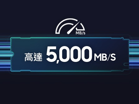 "高達 5,000 MB/s" 寫在一個形狀像 990 EVO 的矩形上。