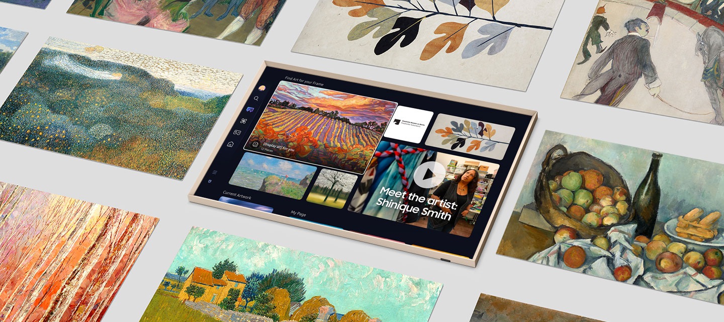 中心顯示著 The Frame 的藝術商店頁面，周圍則展示著來自藝術商店的各種藝術作品。