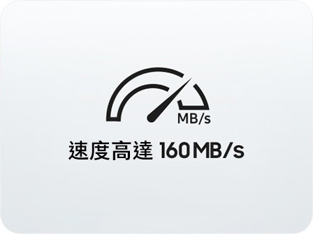 文字說明「速度高達 160 MB/s」，並附有一個表示效能的圖示。