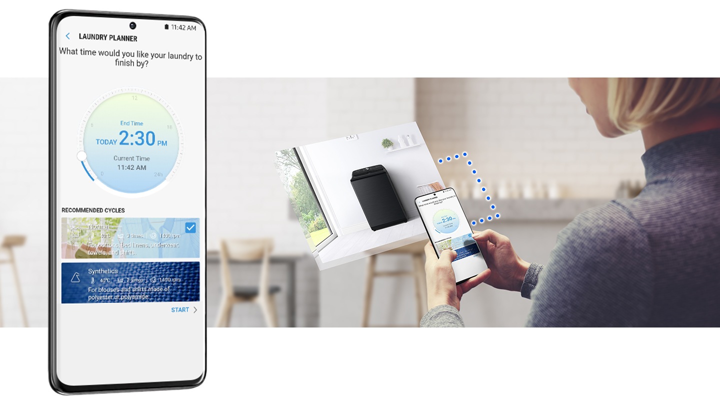 更輕鬆有效地使用洗衣機。SmartThings App¹ 可通過深度學習使用者的洗滌習慣² 為消費者提供最佳洗程建議³。洗衣規劃程序可優化使用者的日常洗衣計劃⁴。HomeCare Wizard 可遠端排除故障。