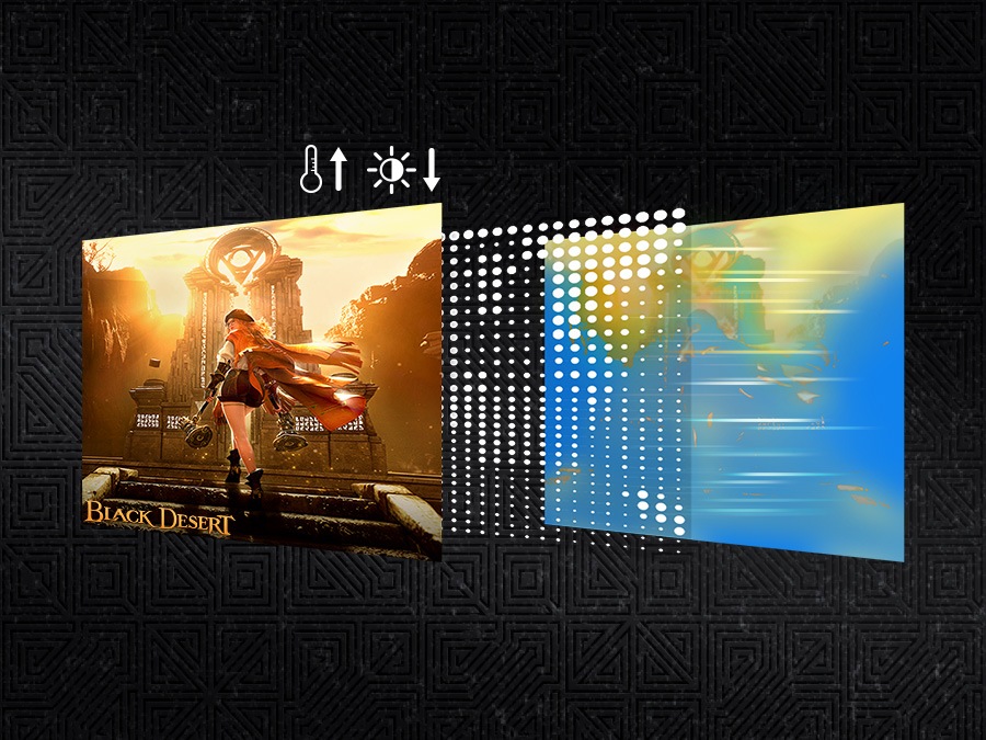 螢幕上顯示 Black Desert 遊戲中的一幕。在螢幕後方是點狀分布。點狀分布後方是一幅熱力圖，較大的點和螢幕較亮的部分顯示較暖的顏色。隨著溫度升高，亮度會自動降低，這也顯示在圖示上。