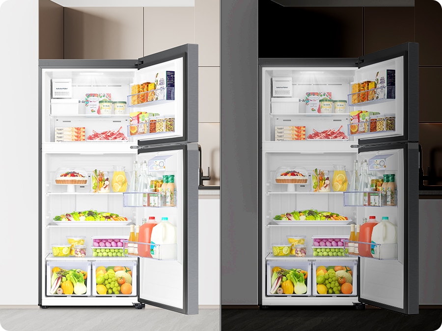 避免冰箱燈光刺激眼球，使眼睛疲勞或不適感。 您可透過SmartThings App¹ 設定內部照明的亮度。緩啟動模式讓燈光由暗逐漸變亮，給眼球一個緩衝。夜間模式可根據白天或夜間調整亮度。讓眼睛在夜間慢慢適應燈光。