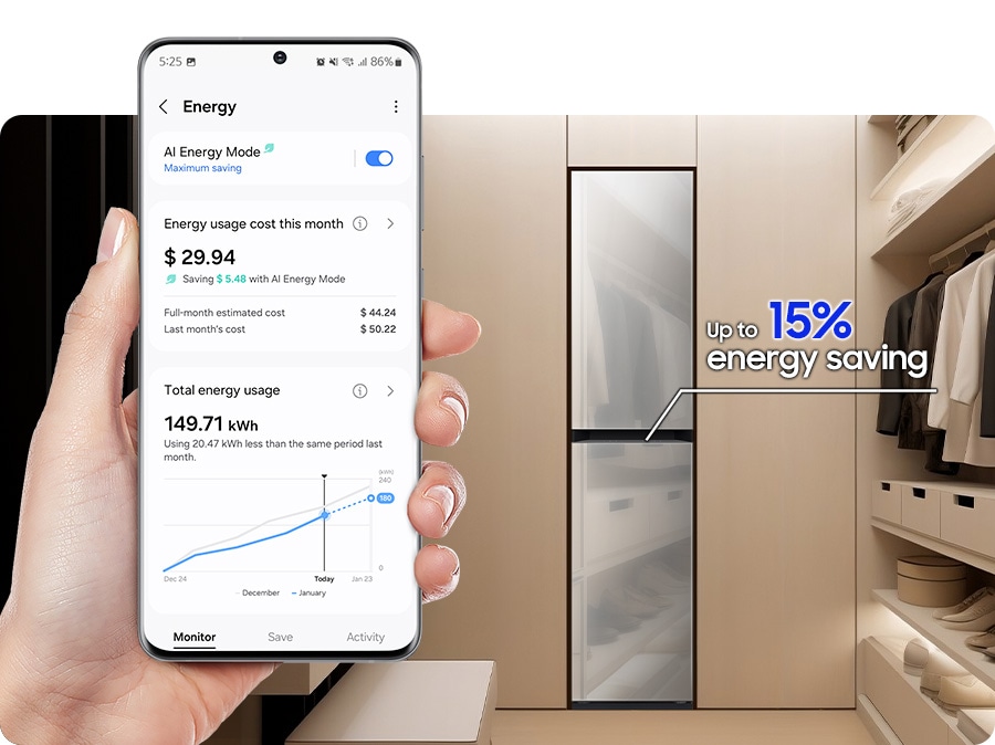 在手機 SmartThings 中啟用 AI 智慧節能模式 ¹，只需選擇電子衣櫥的 AI 輕柔衣物烘乾行程 ²，可以讓能源消耗降低高達 15% ³，護衣也可以節能。