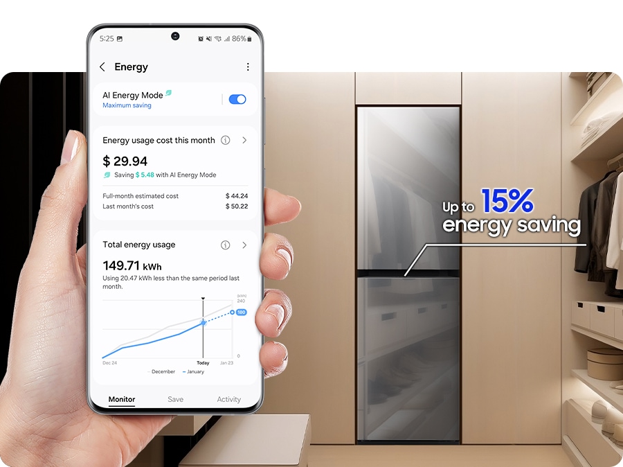 在手機 SmartThings App 中啟用 AI 智慧節能模式 ¹，並選擇電子衣櫥的 AI 輕柔衣物烘乾行程之一 ²，可以讓能源消耗降低高達 15% ³，護衣也可以節能。