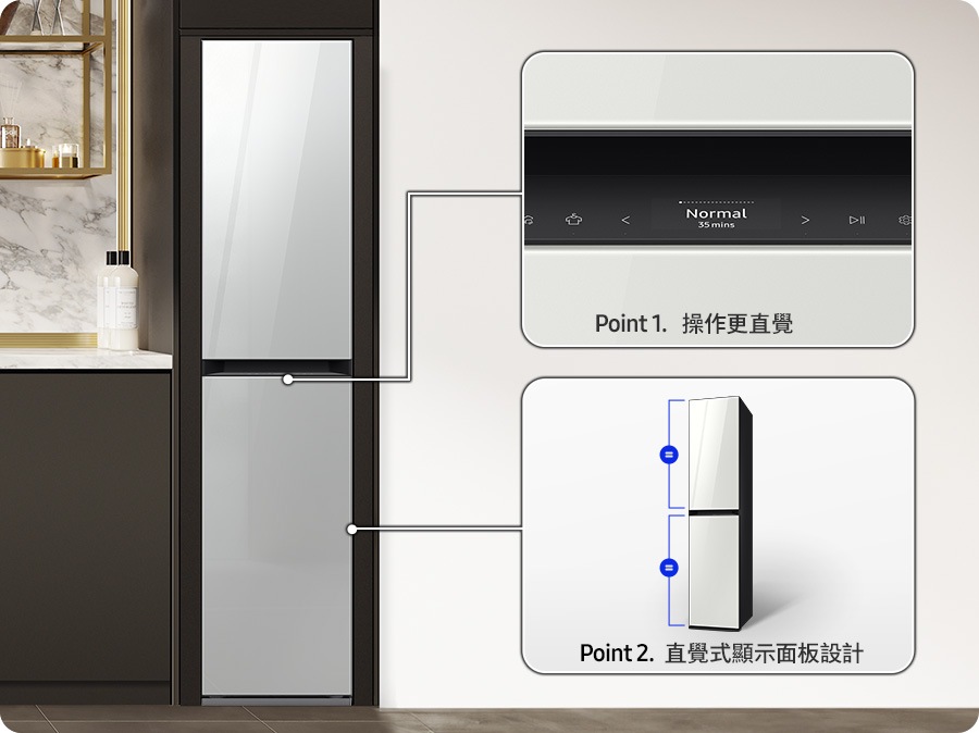 直覺式顯示面板設計，使用電子衣櫥更輕鬆方便。顯示螢幕位於門面中間位置，符合 ADA 標準設計 ¹，面板高度易於觀看與操作 ²。