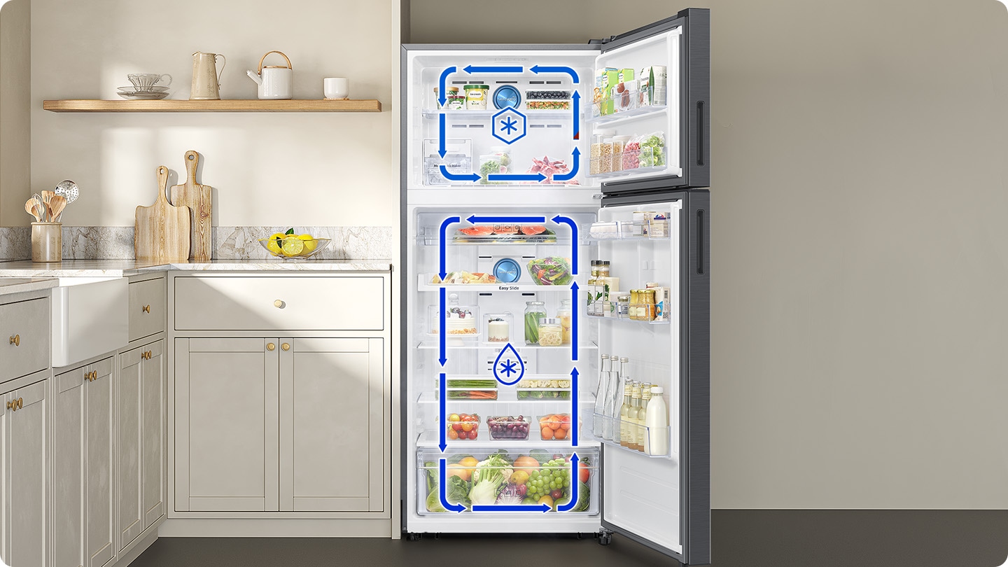 確保食品保持水分，維持更長保鮮期 ¹。Twin Cooling Plus™ 雙循環冷卻系統在冷藏與冷凍使用獨立壓縮機、風扇和排風口來調節冷藏和冷凍中的溫度和濕度。上下空間獨立冷流循環，更能避免冷凍冷藏的食物氣味互相干擾。