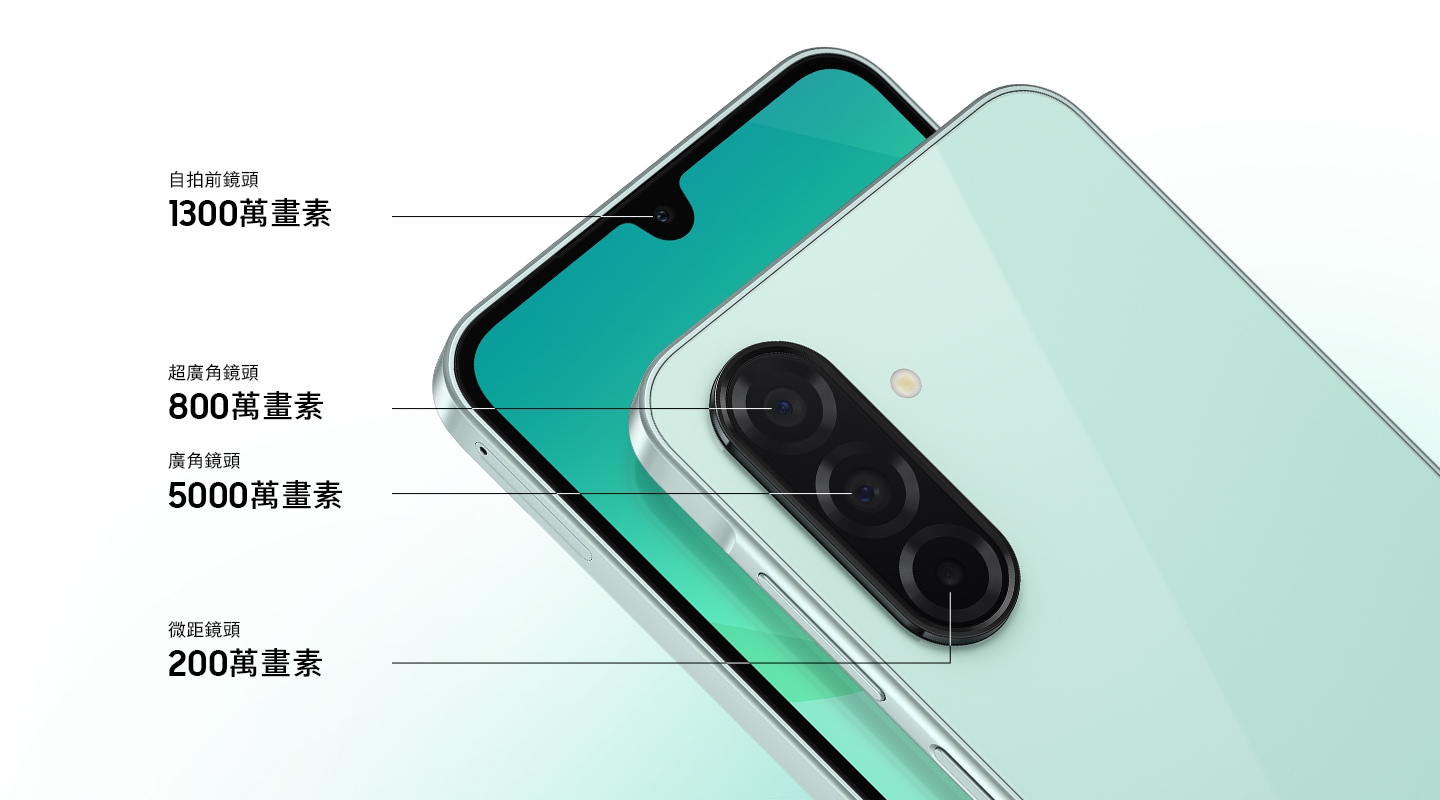 兩部 Galaxy A26 5G 手機。左邊那部展示正面，突顯了 1300萬畫素自拍前鏡頭。右邊那部展示背面的 800萬畫素超廣角鏡頭、5000萬畫素廣角鏡頭和 200萬畫素微距鏡頭。