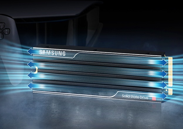 9100 PRO 的內部組件清晰可見，包括兩個標示「SAMSUNG V-NAND」的元件，以及各一個標示「SAMSUNG DRAM」和「SAMSUNG Controller」的元件。周圍還有箭頭標示散熱方向，展現其高效能散熱設計。