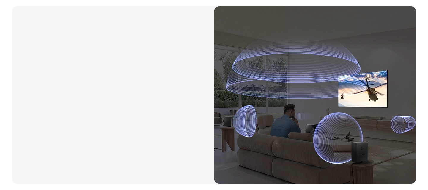 一個男人看電視。Soundbar 和後置揚聲器發出各種類型的聲波，並向不同方向傳播。