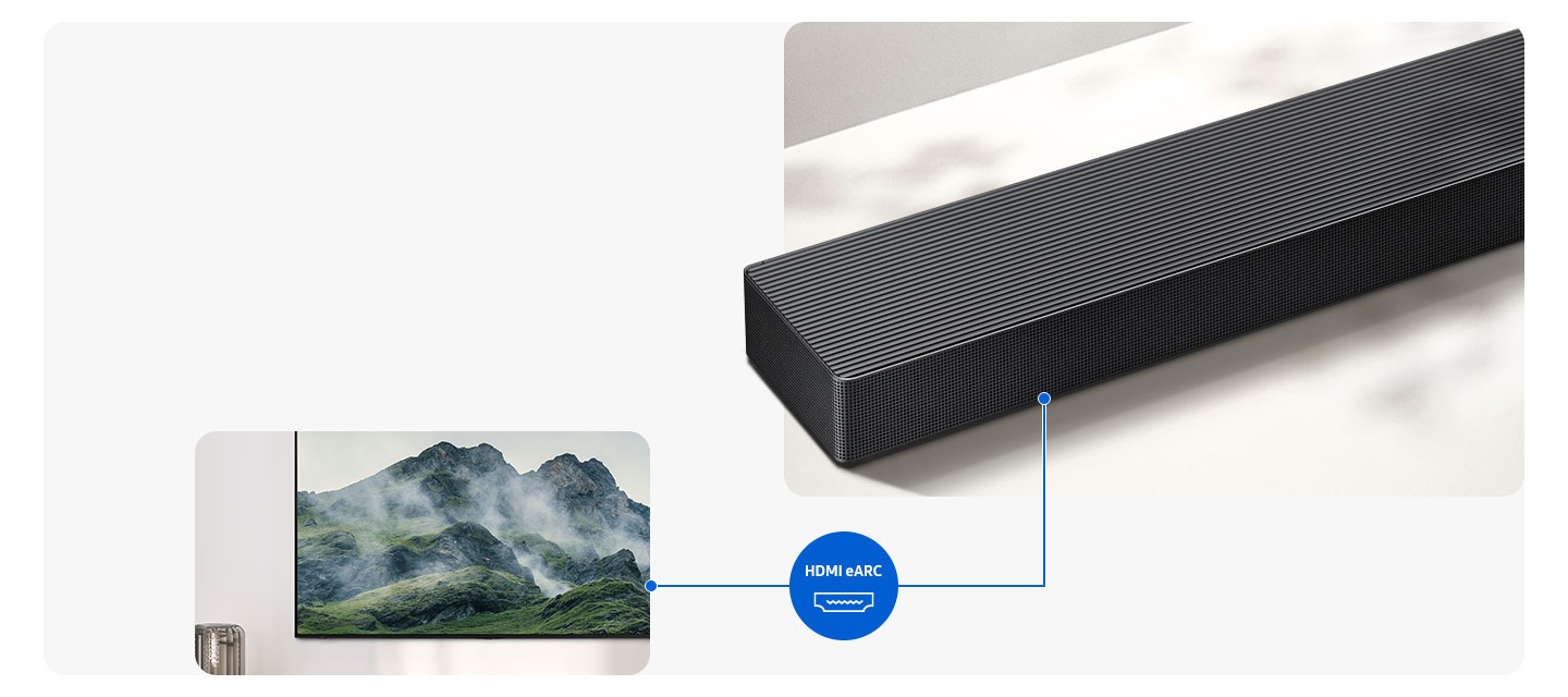 三星 Soundbar 的特寫。一條線將 Soundbar 連接到智慧顯示器，並顯示 HDMI eARC 標誌。