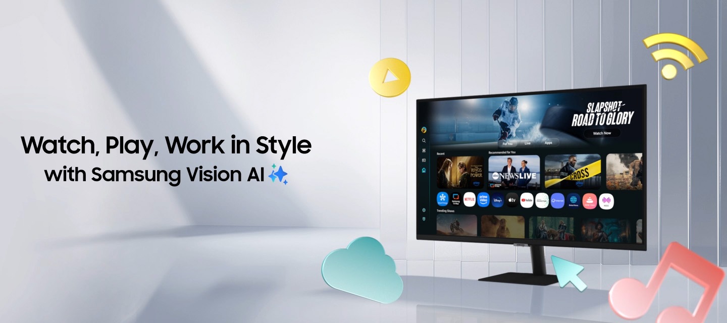 Samsung Vision AI 讓影音、娛樂、工作。超有型。Samsung 智慧聯網螢幕 M7 隨著 Copilot、Samsung TV Plus、AI 等各種圖示以及多個場景進入螢幕，螢幕逐漸放大。隨著顯示器旋轉，游標、Wi-Fi、音樂、播放按鈕和雲端圖示從顯示器中彈出。