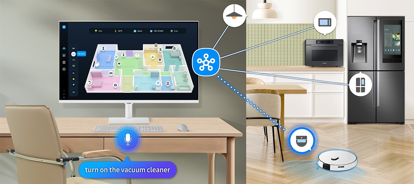 一部顯示器顯示家中裝置的 3D Map View。微波爐、冰箱和吸塵器連接到 SmartThings 圖示。麥克風圖示上有對話框，上面寫著 "turn on the vacuum cleaner." 吸塵器已開啟。