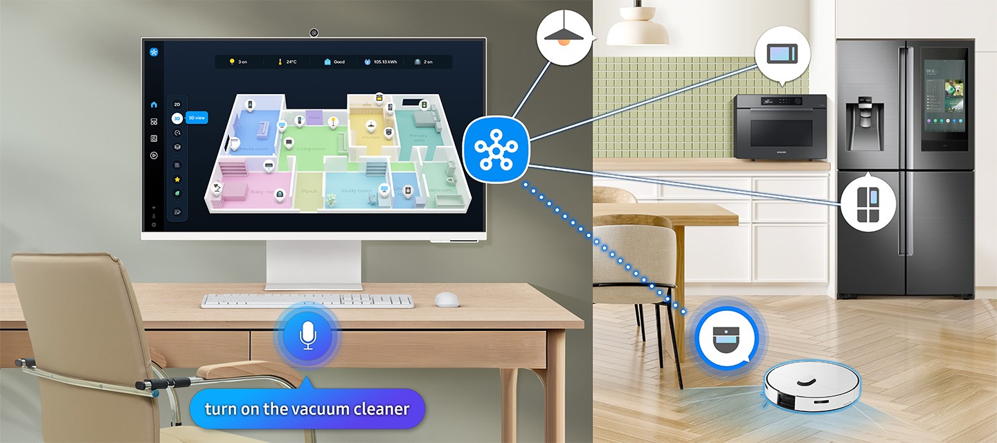 一部顯示器顯示家中裝置的 3D Map View。微波爐、冰箱和吸塵器連接到 SmartThings 圖示。麥克風圖示上有對話框，上面寫著 "turn on the vacuum cleaner." 吸塵器已開啟。