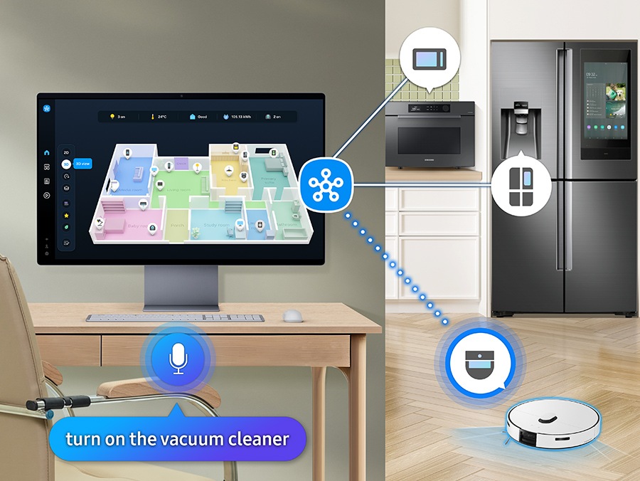 一部顯示器顯示家中裝置的 3D Map View。微波爐、冰箱和吸塵器連接到 SmartThings 圖示。麥克風圖示上有對話框，上面寫著 "turn on the vacuum cleaner." 吸塵器已開啟。