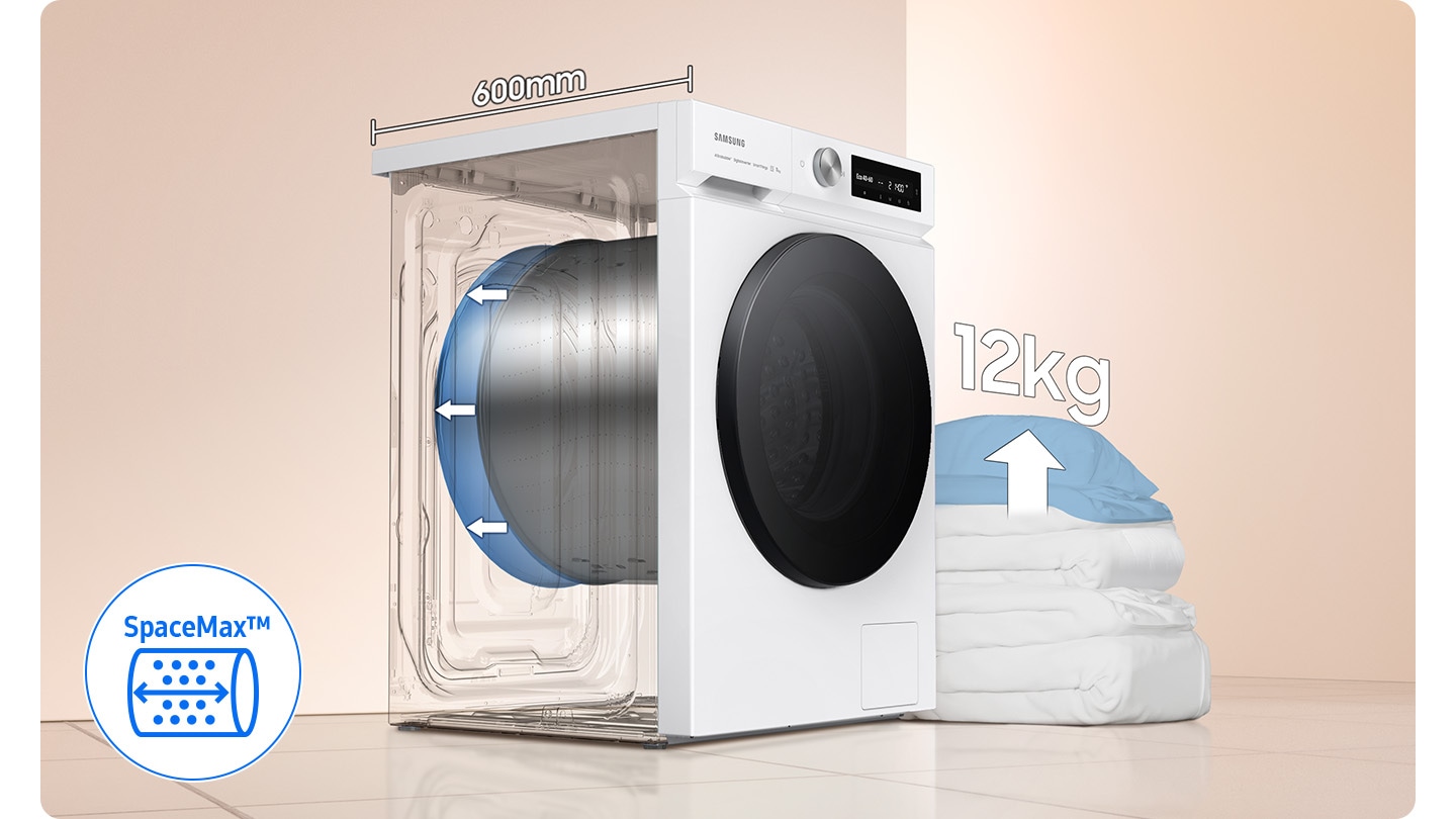 外型更小但具備 12 公斤大容量，利用 SpaceMax™ 技術創造了更多內部空間，將深度減少至 600 毫米，並容納更大的滾筒，讓你一次可以洗滌更多衣物，包括被子等大型寢具。