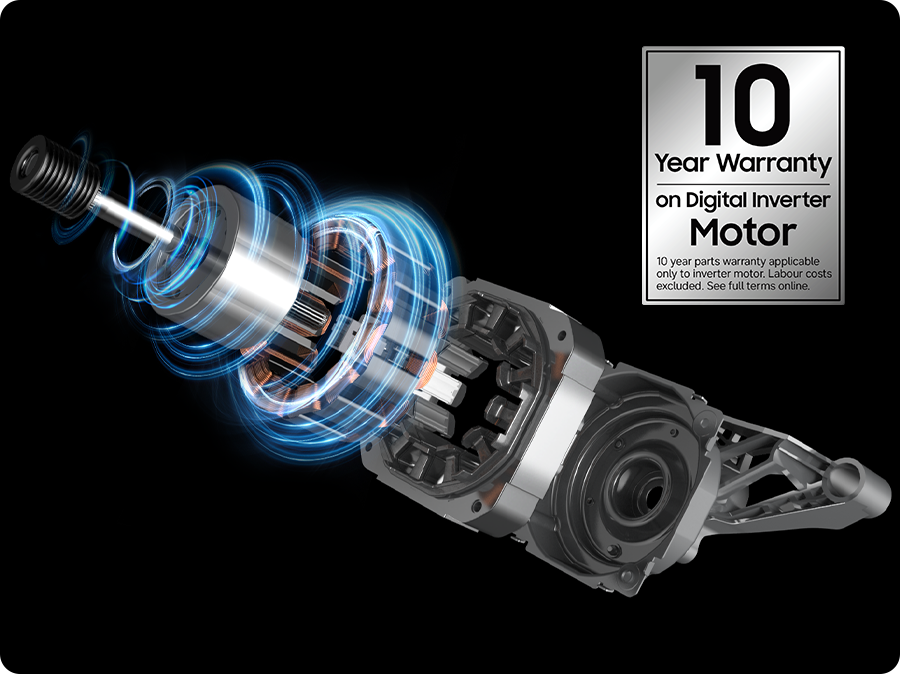 高效、低噪音更耐用，數位變頻技術實現更安靜、更強大的性能，同時更省能耗。購買配備數位變頻馬達的三星洗衣機機型，即可享受 10 年的馬達保固 ¹。