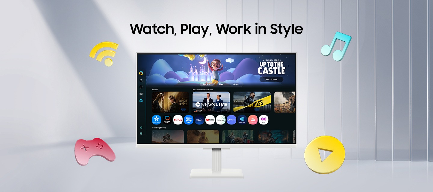 Watch, Play, Work in Style。Samsung 智慧聯網螢幕 M5 周遭有 Wi-Fi、遊戲主機、音樂和播放按鈕圖示。螢幕顯示各種應用程式、內容和 "UP TO THE CASTLE" 的預覽畫面。