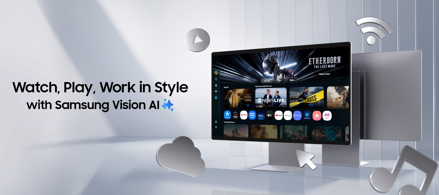 Samsung Vision AI 讓影音、娛樂、工作。超有型。Samsung 智慧聯網螢幕 M9 隨著 Copilot、Samsung TV Plus、AI 等各種圖示以及多個場景進入螢幕，螢幕逐漸放大。隨著顯示器旋轉，游標、Wi-Fi、音樂、播放按鈕和雲端圖示從顯示器中彈出。同時還展示了背面面板。
