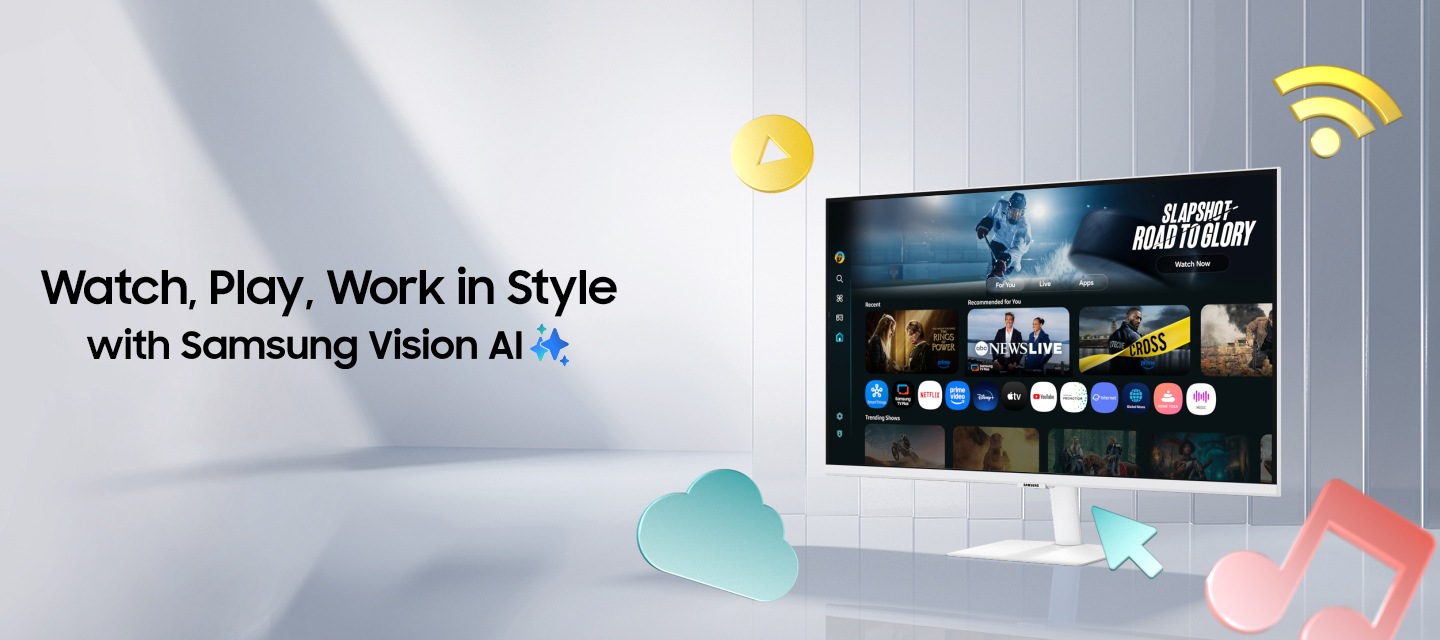 Samsung Vision AI 讓影音、娛樂、工作。超有型。Samsung 智慧聯網螢幕 M7 隨著 Copilot、Samsung TV Plus、AI 等各種圖示以及多個場景進入螢幕，螢幕逐漸放大。隨著顯示器旋轉，游標、Wi-Fi、音樂、播放按鈕和雲端圖示從顯示器中彈出。