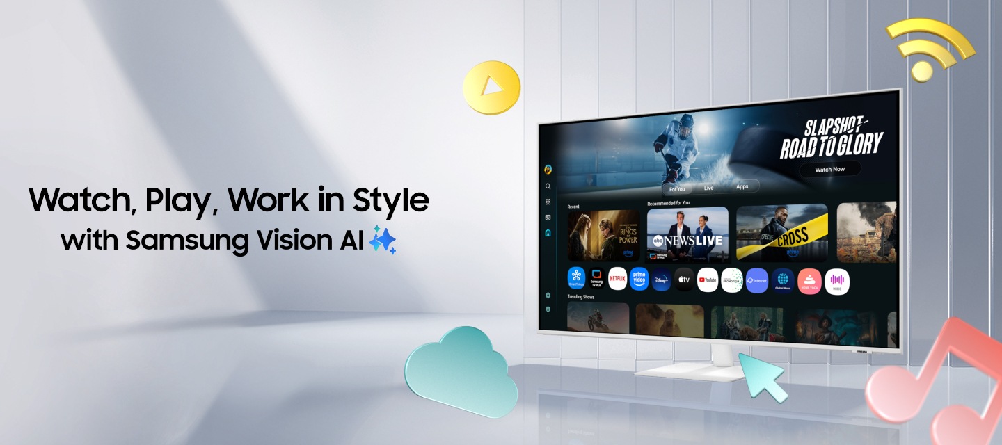 Samsung Vision AI 讓影音、娛樂、工作。超有型。Samsung 智慧聯網螢幕 M7 隨著 Copilot、Samsung TV Plus、AI 等各種圖示以及多個場景進入螢幕，螢幕逐漸放大。隨著顯示器旋轉，游標、Wi-Fi、音樂、播放按鈕和雲端圖示從顯示器中彈出。