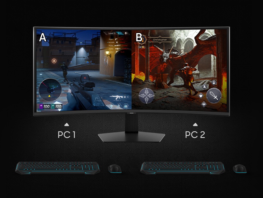 兩個不同遊戲的動作場景顯示在一個螢幕上。PC 1 顯示 A 和 PC 2 顯示 B。每個都有鍵盤和滑鼠。