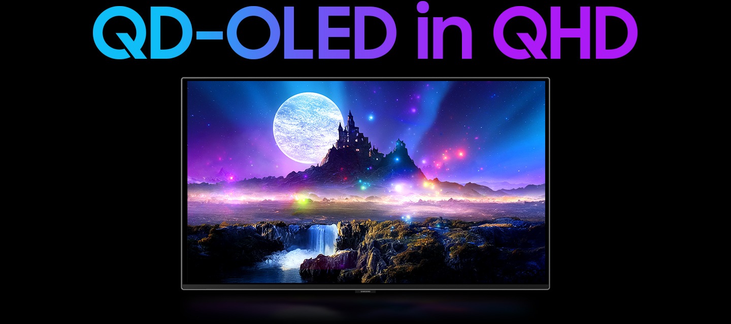 QHD QD-OLED。從上方俯視顯示器。顯示器翻轉以展示螢幕。小像素合併形成一清晰的城堡和瀑布影像。背景中有一顆行星。當它在螢幕中移動時，閃爍著微小的光點。