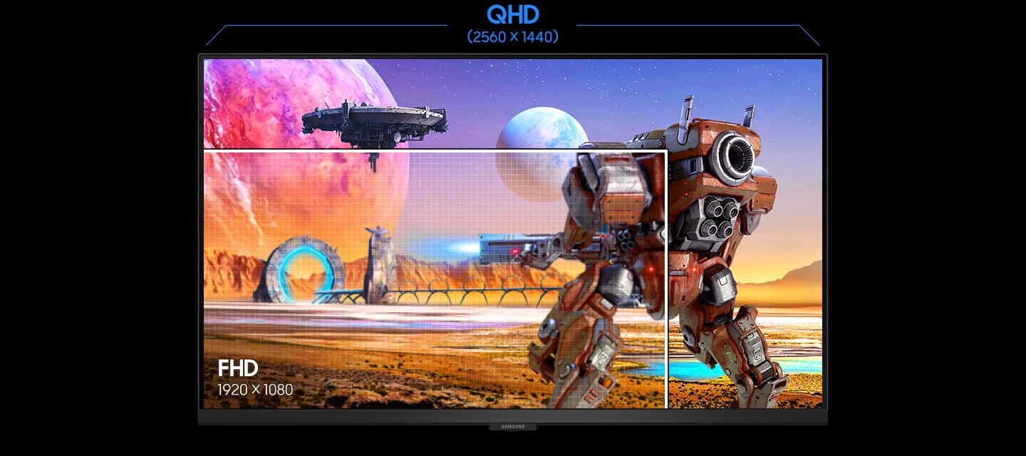 QHD 解析度 (2560 x 1440) 呈現一名向傳送門射擊的戰士，而 FHD 解析度 (1920 x 1080) 僅呈現戰士的一半。