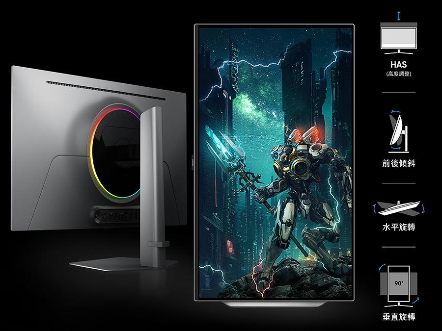 兩部 Odyssey OLED G6，螢幕上顯示來自未來的機器人。其中一部處於垂直旋轉模式，比另一部顯示更多的影像垂直區域。一旁則列出了人體工學選項：HAS (高度調整)、前後傾斜、水平旋轉和垂直旋轉 (90°)。