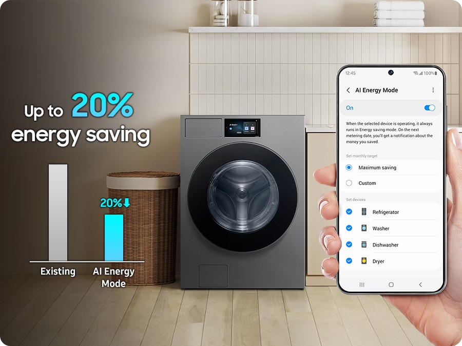 AI ​​Energy Mode is activated by checking the mode button to 'On' and selecting the device you want to run on Smartphone. It does energy saving up to 20% in washing cycle more than existing.