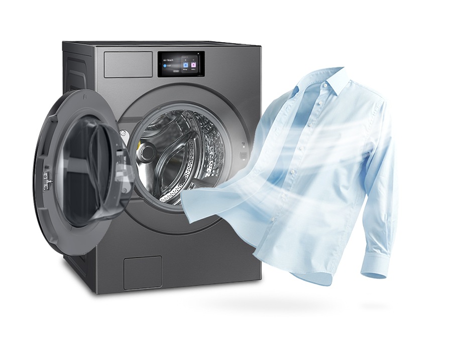 The door of the washing machine is open and air stream is surrounding shirts.