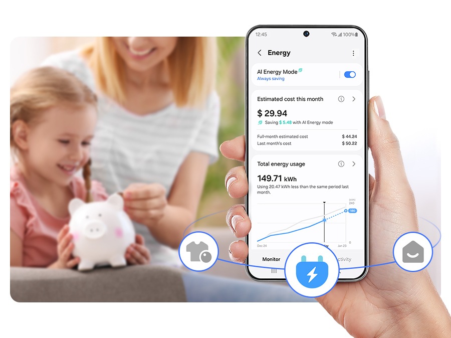管理你的用電量已減少碳足跡和能源花費，SmartThings Energy ¹ 提供能效建議，分析該月能耗 ² 並與上個月做比較。若超出你的每月目標，則會發出提醒。