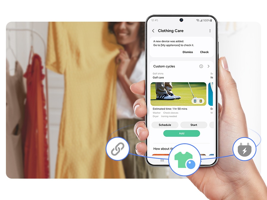 SmartThings 衣物護理功能¹ 會分析使用者使用習慣 ² 和其他外部因素，提供建議的客製化洗程 ³ ，讓您享受個人化高效率洗滌。