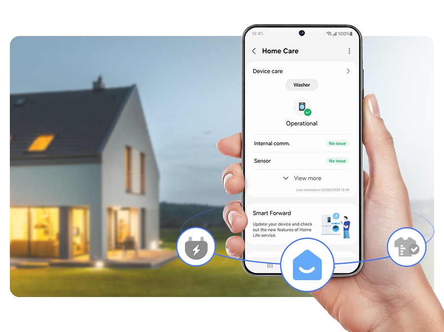 輕鬆保養您的洗衣機。 SmartThings Home Care ¹ 會在零件需要更換時通知您並協助解決問題。它還提供了有關使用設備的有用提示以及用戶手冊。