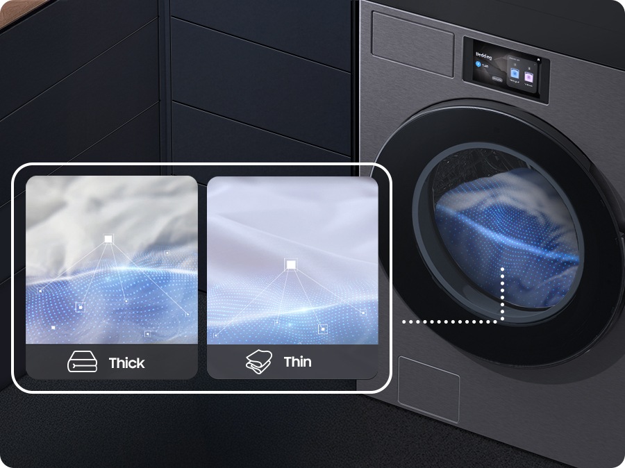 The washing machine detects whether the bedding inside the drum is thick or thin. Thick bedding is washed thoroughly and powerfully, while thin bedding is cleaned quickly and efficiently. The bedding is being washed inside the machine. * Images are for illustrative purposes only. 