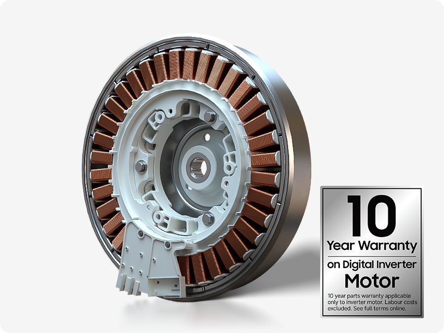 高效、低噪音更耐用，數位變頻技術實現更安靜、更強大的性能，同時更省能耗。購買配備數位變頻馬達的三星洗衣機機型，即可享受 10 年的馬達保固 ¹。